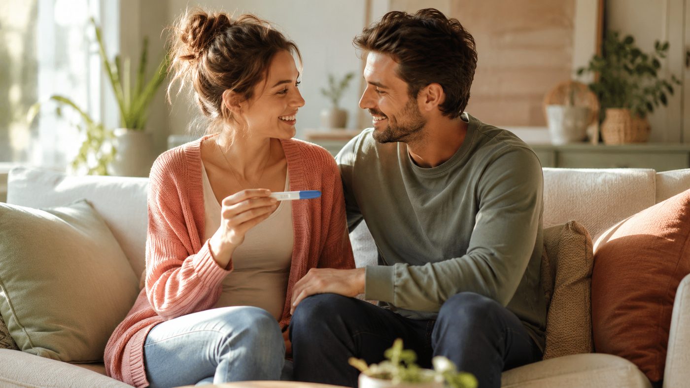 Happy couple with positive pregnancy test